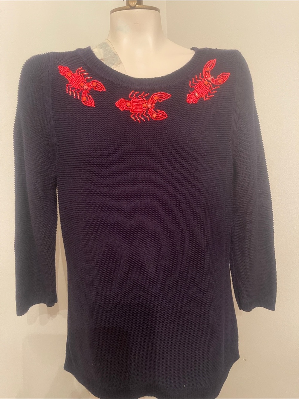 Talbots Navy Crewneck Sweater with Beaded Red Lobster Embroidery